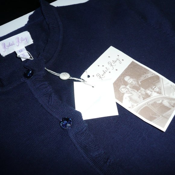 Rachel Riley Girl SZ 12 Ruffled Edge Cardigan Navy Blue Sweater Sparkle Buttons - Picture 4 of 9